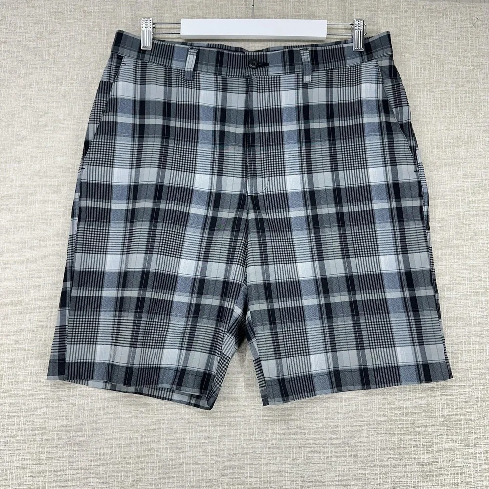 PGA‎ TOUR Shorts Mens 34 Gray Plaid Golf Flat Front Stretch Pockets Performance